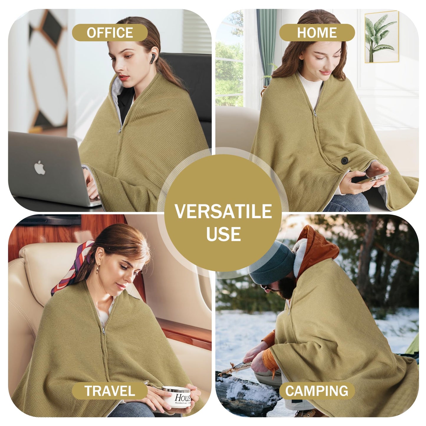 Portable Soft Zipper Electric Heated Blanket Shawl